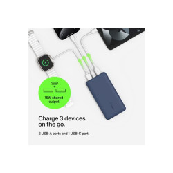 Belkin Batterie externe 3 ports 10K avec câble USB-A vers USB-C bleu
